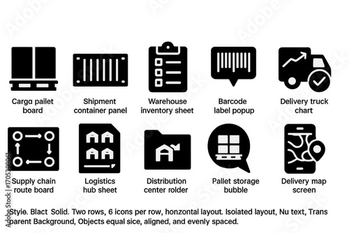Logistics and shipping solid icon set: warehouse, delivery, inventory symbols