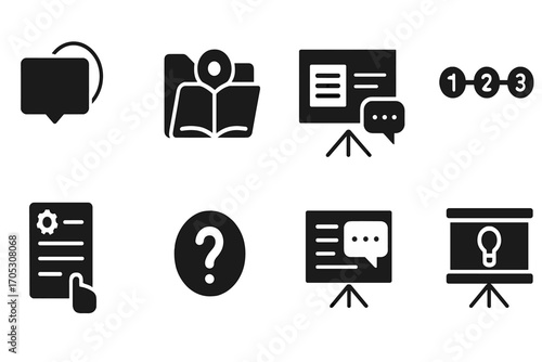 Education and learning solid icon set. classroom, study tools, presentation icons