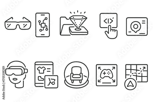 Technology and digital outline icon set with interactive, vr, and navigation elements