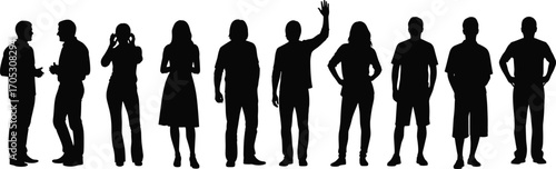 Silhouettes of diverse group of people standing, communicating, and interacting, social gathering, casual poses, teamwork, community, collaboration concept