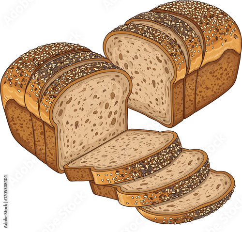 Gourmet Sliced Whole Grain Bread with Loaf Vector