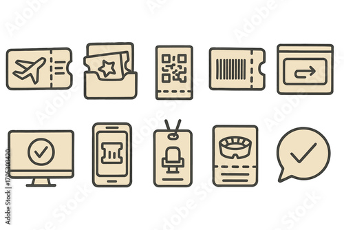 Travel tickets icon set. flat boarding, qr code, and ticket icons for easy planning