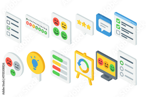 Feedback and evaluation icon set. isometric style collection for assessment tools.