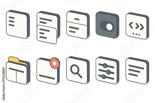 Interface and ui 3d icon set. interactive, menu, search, toggle, settings, grid design