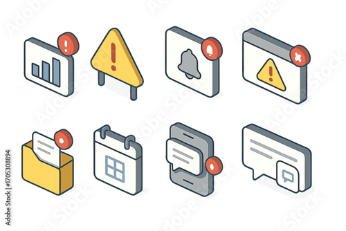 Alert and notification icon set. 3d style icons for alerts, reminders, messages