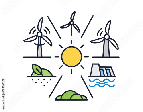 Vibrant renewable energy sources diagram showcasing solar, wind, hydro, and nature power