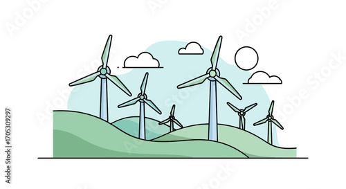 Modern wind turbines generate clean energy across rolling green hills under a bright sky