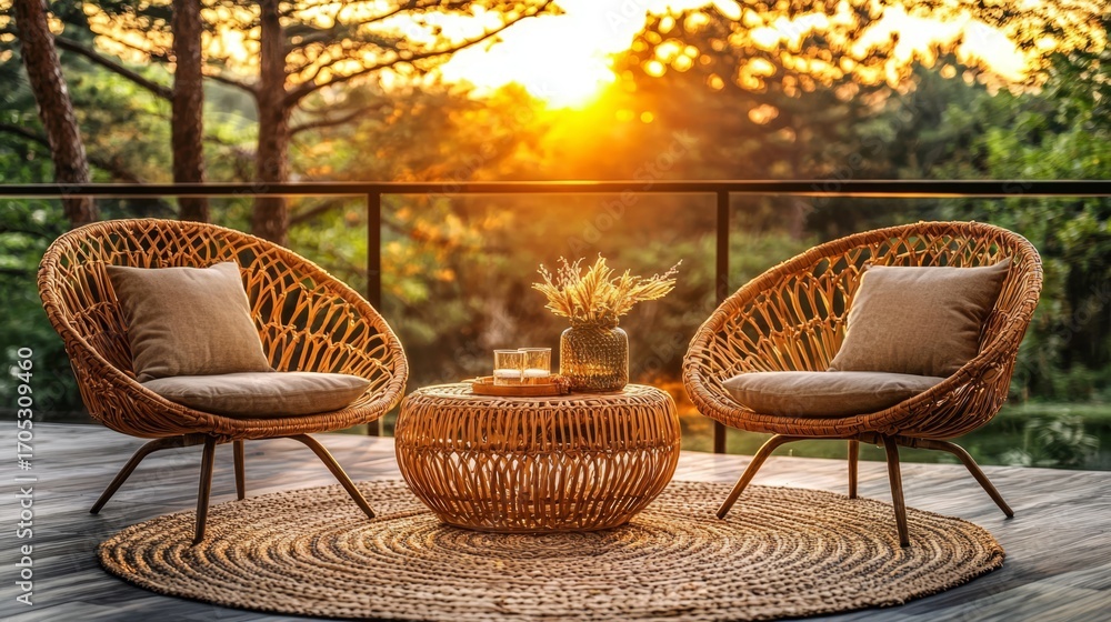 Obraz premium Woven coffee table complementing sunset vibes.