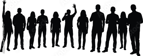 Silhouettes of diverse group of standing people in casual poses, young men and women crowd illustration on white background vector