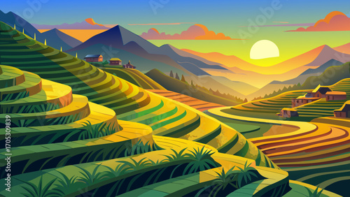 The terraced hills of Banaue in Ethiopia glow under sunrise, layered fields curving gracefully, ancient agricultural heritage blending human artistry with fertile valleys, a timeless harmony of land a