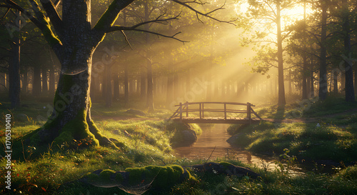 Forest path sunlight bridge