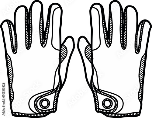 Hand-drawn line art illustration of a pair of sports gloves. Black and white sketch of athletic handwear isolated on a white background for design