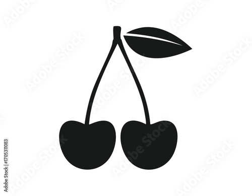 Black silhouette of two cherries with a leaf fruit