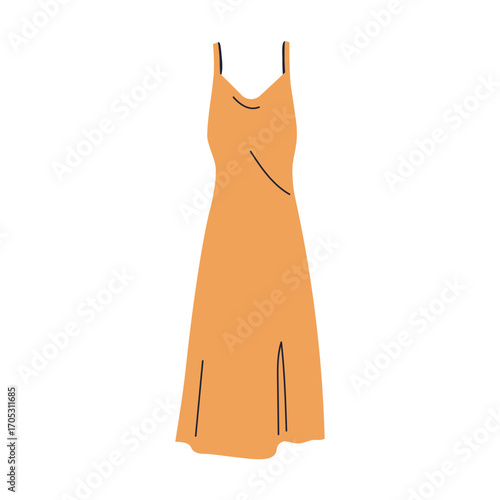 Slip dress clothing in modern fashion style. Summer sleeveless sundress, feminine chic apparel with elegant flowing fabric. Women underslip. Flat vector illustration isolated on white background