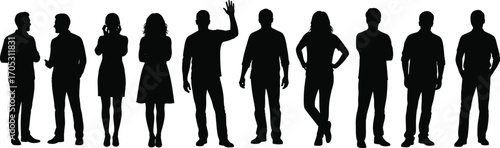 Silhouettes of diverse men and women standing in various poses, social interaction, communication, teamwork, casual, business, unity, collaboration, community concept