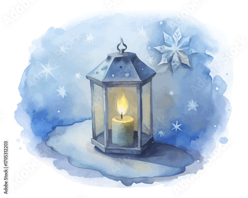 Watercolor Winter Lantern with Candle and Snowflakes vector illustration isolated on white background