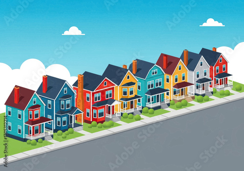 Charming row of colorful vintage houses on a vibrant street, perfect for urban development concepts.