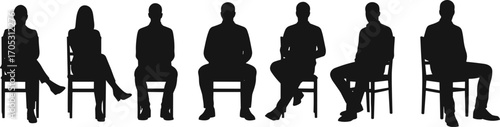 Silhouettes of diverse men and women sitting on chairs in various relaxed and formal postures isolated on white background