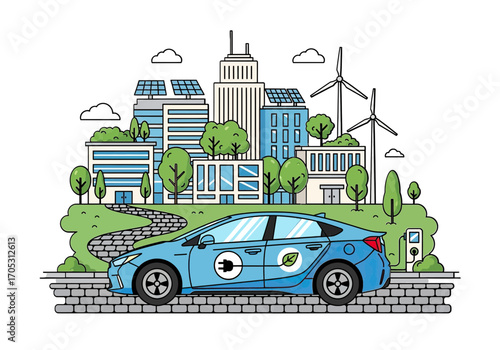 Modern electric car drives through eco-friendly city powered by clean energy solutions