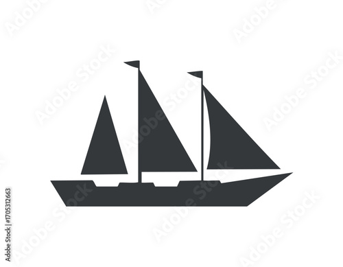 Dark gray silhouette of a two-masted sailboat ship