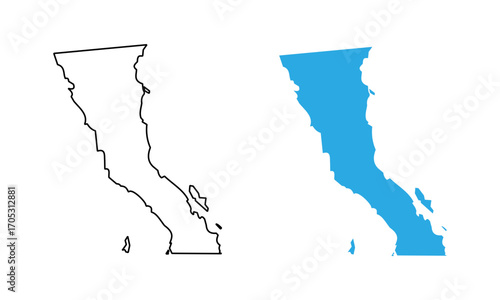 Map of Baja California, a state of Mexico. Map with detailed outlines and blue silhouettes