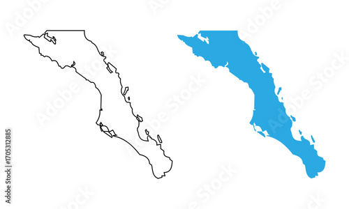 Map of Baja California Sur, a state of Mexico. Map with detailed outlines and blue silhouettes