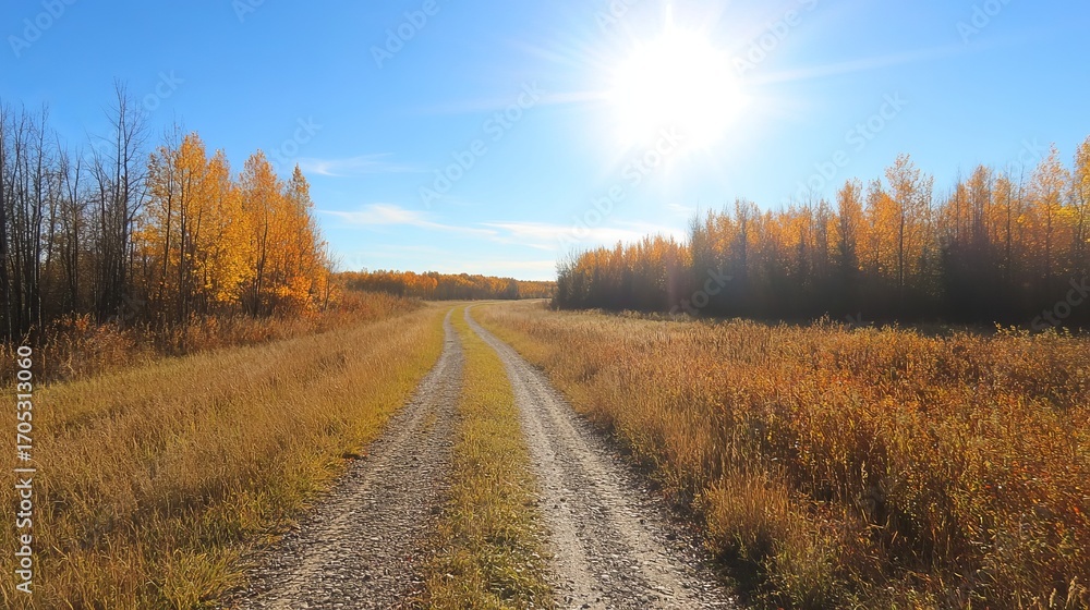 Fototapeta premium Sunny autumnal path through golden trees