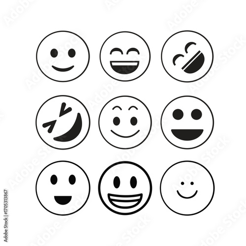 Collection of nine hand drawn smiley face emojis expressing various emotions and happiness