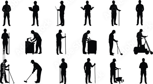Silhouettes of Janitorial and Maintenance Workers Using Cleaning Tools, Carts, and Equipment for Industrial Facility and Commercial Building Services
