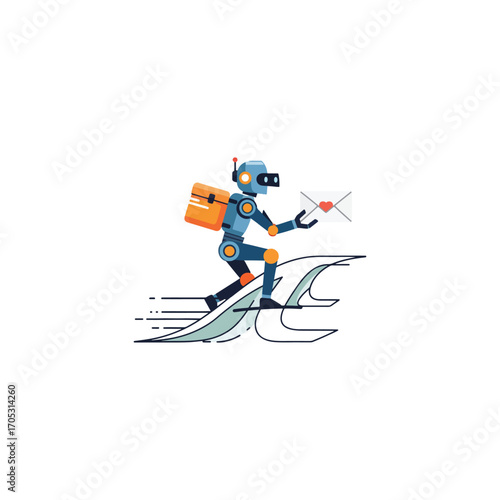 Futuristic robotics clip art showing the evolution of artificial intelligence. A smart robot with an AI brain offers efficient assistance and connection
