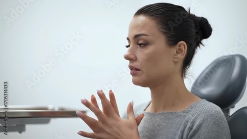 One woman in dental chair, nervous patient before treatment at dentist office.