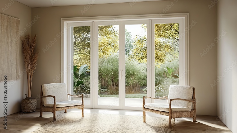 Fototapeta premium Interior room with sunlight, two chairs, and a garden view through the glass doors