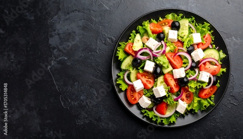 Colorful Greek salad on dark plate