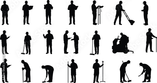 Silhouettes of Janitors, Technicians, and Maintenance Workers Using Tools and Cleaning Equipment for Facility Services and Industrial Job TasksSilhouettes 