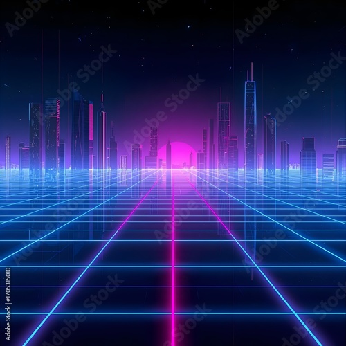 A glowing 3D cyber city background with neon blue and pink grid lines, abstract skyscrapers, and a reflective horizon — futuristic sci-fi style.
