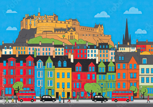 Iconic Edinburgh skyline bursts with vibrant color, featuring the majestic castle and bustling streets below.