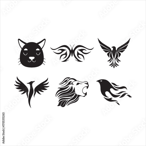 Collection of stylized black tribal animal and wing designs for tattoo or graphic art