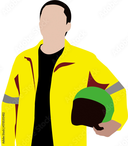 man in yellow jacket holding yellow helmet.esp
