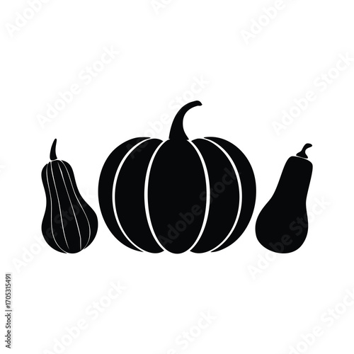 Three Pumpkins Silhouette in a Row Keywords: pumpkin, gourd, squash, autumn, fall, harvest