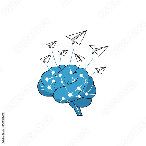 Blue brain generating ideas, represented by paper airplanes taking flight.