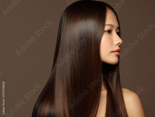 艶やかで美しいロングストレートヘアの日本人女性モデル（美容 サロン 広告）