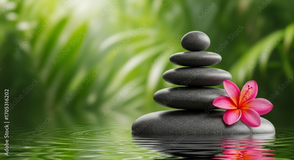 Obraz premium A serene zen garden scene depicts a balanced stack of dark stones, a vibrant pink flower, and tranquil water.