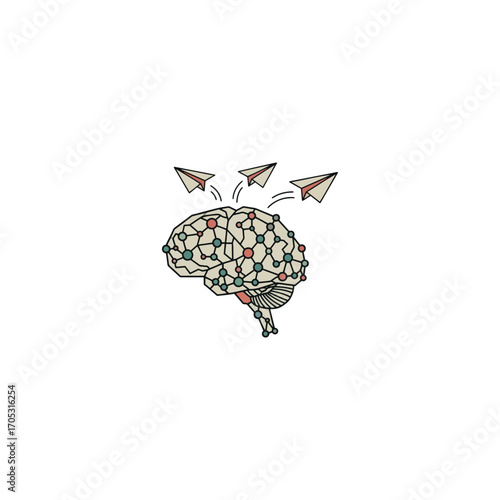 Intricate clip art of a brain, symbolizing intelligence, imagination, and connection. It depicts psychological evolution, efficient brainstorming and innovative contemplation
