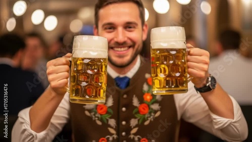 Smiling man in traditional german attire holds two large beer mugs, showcasing festive atmosphere and celebration, embodying joy and camaraderie during a oktoberfest beer festival