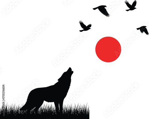Wolf howling silhouette with flying birds and red sun, dramatic nature scene, wilderness freedom concept, minimal vector art for decoration