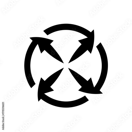 Four arrows in circular motion pointing in on transparent background