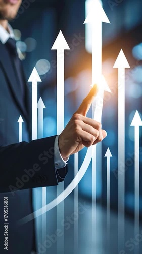 Businessman's touch on upwards arrows, symbolizing growth & success