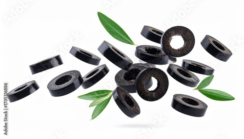 Scattered black ferrite cores and magnetic rings, whole and broken, floating on white background