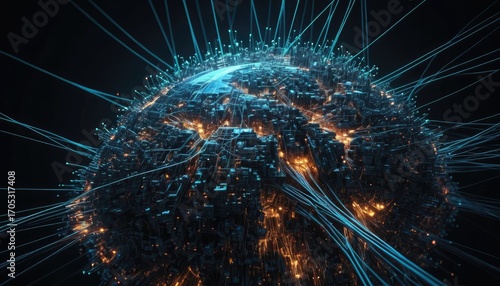 A stylized, digital representation of a planet covered in a dense city, connected by glowing lines.