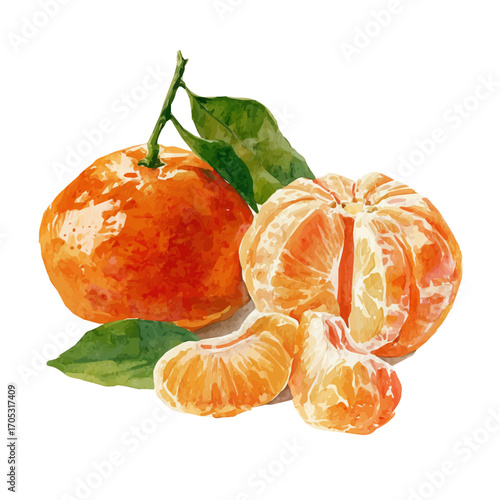 Mandarin, watercolor vector, isolated on a white background.